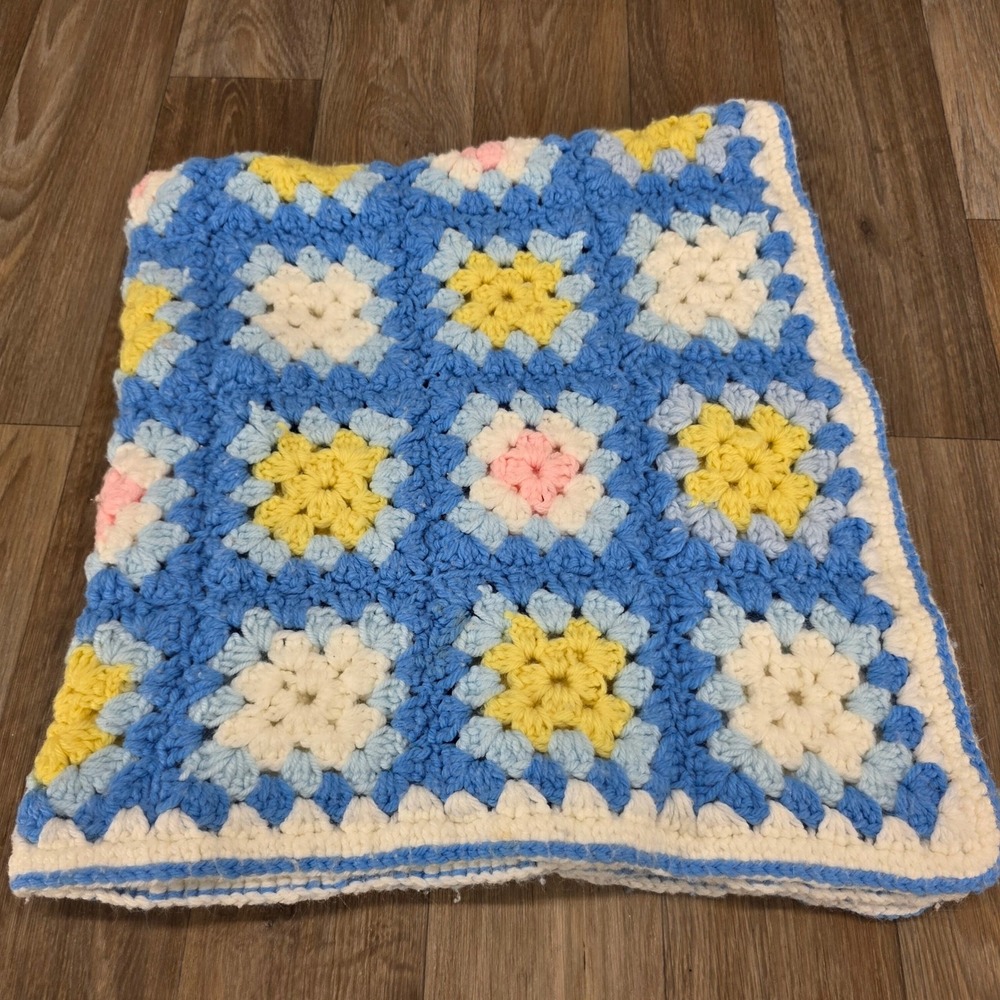 Vintage‎ Handmade Crochet Granny Square Baby Blanket Blue Yellow Pink 29x30
